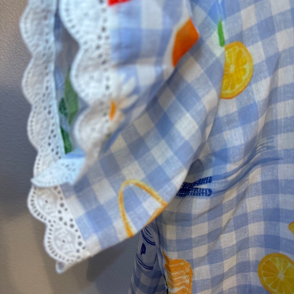 Gingham Fruit Print Coquette Mixed Media Button Up Shirt Grandma Women L Blue - Picture 6 of 6